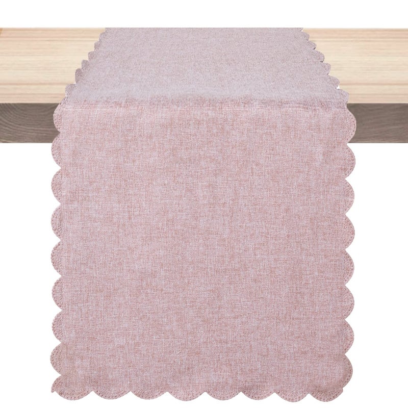 Winotic Table Runner 13 x 72 Inches Long, Cotton Linen Farmhouse Scallop Style Pink Table Linen for Kitchen Dining Coffee Table Parties Wedding Home Decor (13” x 72”, Pink) - Image 1